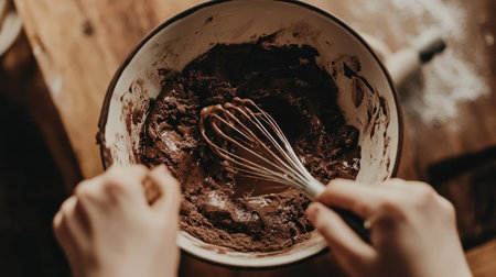 A close-up of hands holding a whisk in a bowl of freshly melted chocolate, ready for a dessert recipeの素材