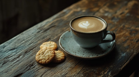 A cup of strong coffee with a few delicious cookies on a rustic table, perfect for an afternoon breakの素材