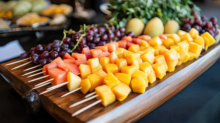A wooden platter holding an assortment of fresh fruit skewers with chunks of melon, mango, and grapes for a buffet.の素材