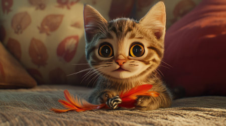 A curious cat playing with a feather toy, its eyes wide with concentration, captured against a soft background of cushions.の素材