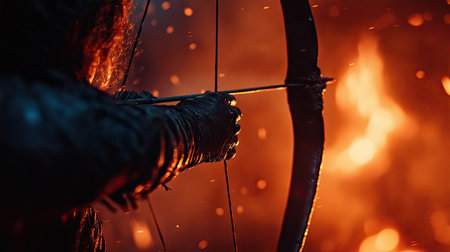 A close-up of the bowstring being drawn back by an archer, with a blurred target in the distanceの素材