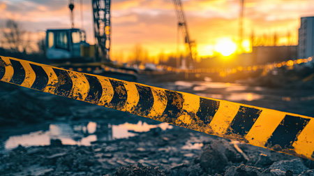 A construction site at sunset with yellow and black barricade tape prominently framing the foregroundの素材