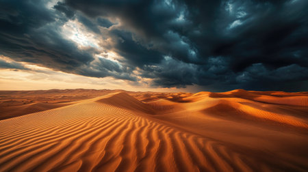 A dramatic sky of layered black clouds casting shadows over a windswept desert landscape.の素材