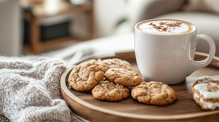 A cozy coffee and cookie setup, with a latte and an assortment of freshly baked cookies on a wooden trayの素材
