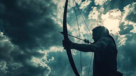 A dramatic low-angle shot of an archer aiming at a distant target, with clouds overheadの素材