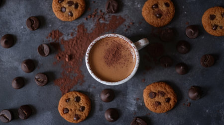 A flat-lay of an espresso cup surrounded by chocolate chip cookies, with a dusting of cocoa powderの素材