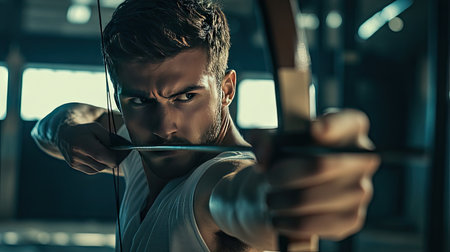 A competitive archer aiming his bow with extreme focus in a professional indoor arenaの素材