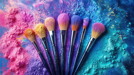 Natural bristle brushes covered in colorful powder resting on a textured surface, surrounded by a vibrant burst of hues.の素材