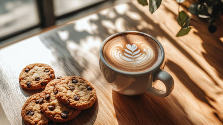 A delicious combo of coffee and cookies on a cafe table, with sunlight streaming through the windowの素材