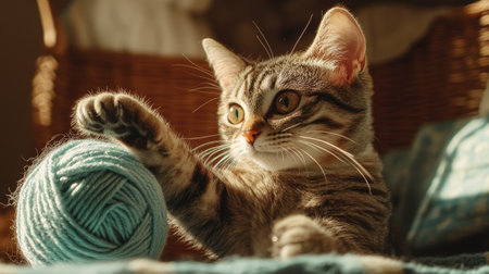 A curious cat pawing at a ball of yarn, playing with it in a room filled with natural light and comfortable home elements.の素材