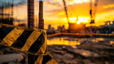 A construction site at sunset with yellow and black barricade tape prominently framing the foregroundの素材