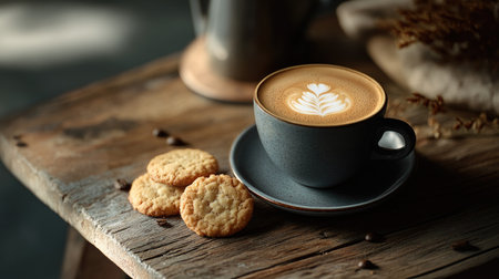 A cup of strong coffee with a few delicious cookies on a rustic table, perfect for an afternoon breakの素材