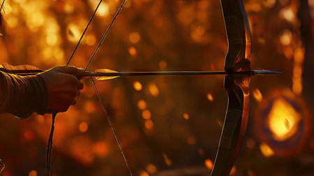 A close-up of the bowstring being drawn back by an archer, with a blurred target in the distanceの素材