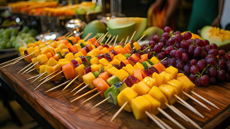 A wooden platter holding an assortment of fresh fruit skewers with chunks of melon, mango, and grapes for a buffet.の素材