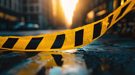 A close-up of yellow and black barricade tape with vibrant sunlight reflecting off it in an urban settingの素材