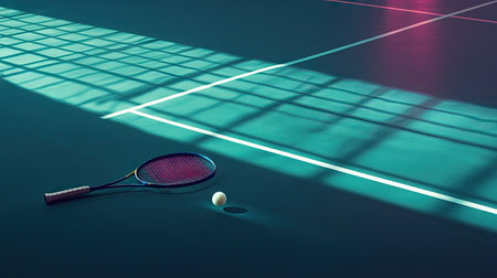 A badminton racket placed near a shuttlecock on the court, with bright court lines and light reflections on the floor.の素材