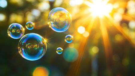 A close-up of bubbles floating upwards in clear water with rays of sunlight streaming throughの素材