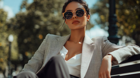 A fashionable woman in bold sunglasses and a structured blazer, seated elegantly on a park bench.の素材