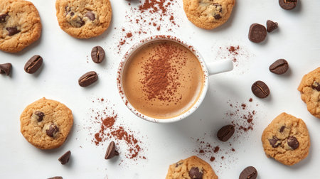 A flat-lay of an espresso cup surrounded by chocolate chip cookies, with a dusting of cocoa powderの素材