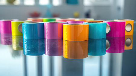 An assortment of self-adhesive tape rolls placed on a glossy surface, reflecting the bright colors.の素材
