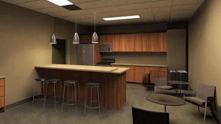 An empty breakroom in an office, featuring a kitchenette, barstools, and a cozy seating area with natural tones.の素材