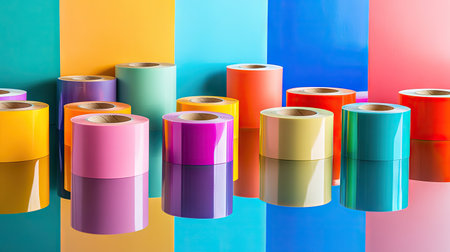 An assortment of self-adhesive tape rolls placed on a glossy surface, reflecting the bright colors.の素材