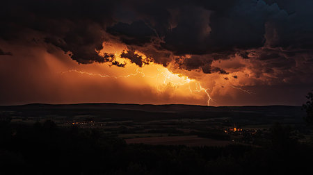 A dramatic storm sky with black clouds illuminated by flashes of lightning, creating a high-contrast visual.の素材
