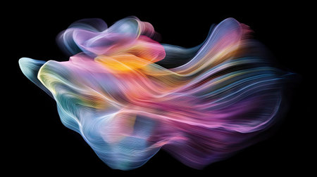 Abstract light trails swirling in a vibrant display of colors, moving gracefully across a dark backdrop.の素材