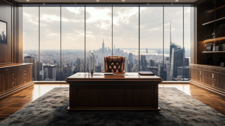 An executive office with a large wooden desk, leather chair, and a cityscape view from a full-length glass window.の素材