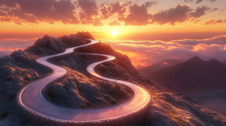 A winding road leading up a mountain with a sunrise in the background, symbolizing the journey to success.の素材
