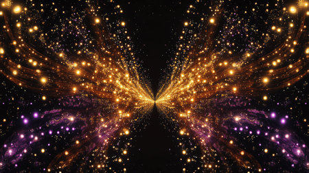 An ethereal dance of golden and purple lights weaving together in an intricate pattern against a black background.の素材