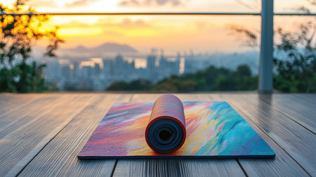 A colorful yoga mat placed on a balcony overlooking a scenic cityscapeの素材
