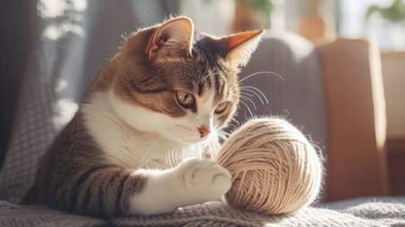 A curious cat pawing at a ball of yarn, playing with it in a room filled with natural light and comfortable home elements.の素材