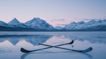 A pair of crossed hockey sticks and a puck on an outdoor frozen lake with snow-covered mountains in the background.の素材