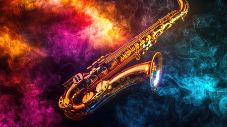 An abstract composition featuring a saxophone with swirling smoke illuminated by colorful spotlights on a black background.の素材