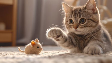 A cute cat pawing at a fluffy toy mouse, sitting on a soft rug, with a focused expression and its tail swishing in the background.の素材