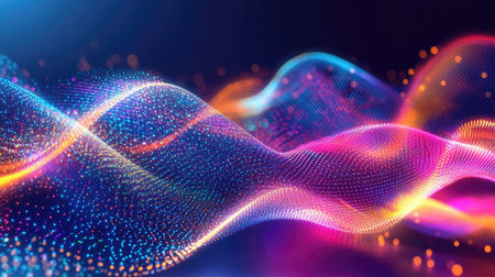 An abstract dance of multi-colored glowing lights weaving and flashing in a rhythmic, fluid pattern.の素材