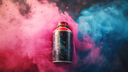 A dynamic shot of a spray paint can mid-spray, with vibrant paint mist floating in the air.の素材