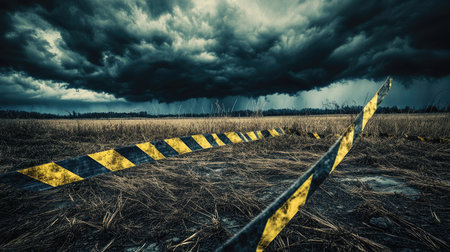 A dramatic stormy sky above a field, with yellow and black barricade tape marking a safety perimeterの素材