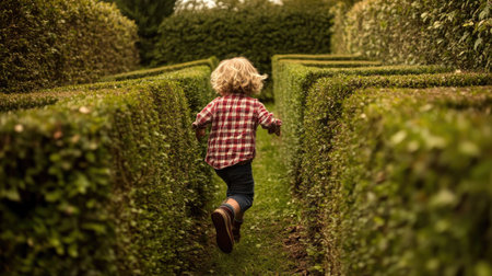 An adventurous child running through a bush labyrinth, with high hedges towering above them.の素材