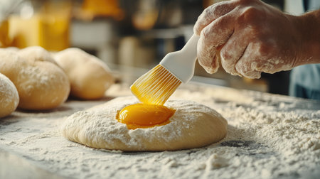 Close-up of a pastry chef brushing golden egg yolk onto raw bread dough with a silicone brush in a bakery kitchen.の素材