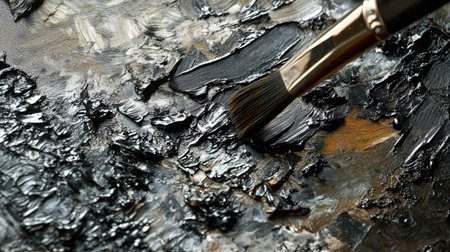 A detailed shot of textured oil paints being blended with a brush on a professional artist's palette.の素材