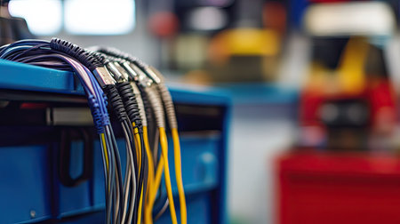 A detailed shot of wire connections joined and neatly wrapped with electrical tape, with a blurred toolbox in the background.の素材