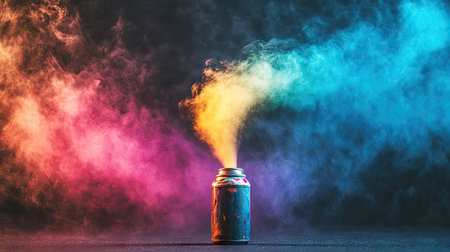 A dynamic shot of a spray paint can mid-spray, with vibrant paint mist floating in the air.の素材