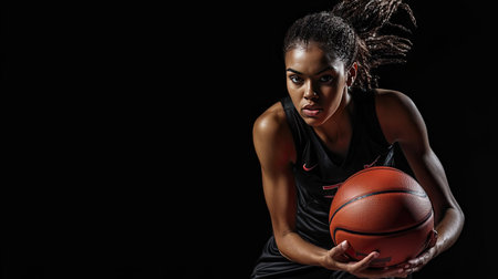 A female basketball player in a sleek uniform gripping the ball with focus, isolated on a plain black background.の素材