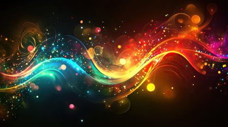 An abstract dance of multi-colored glowing lights weaving and flashing in a rhythmic, fluid pattern.の素材