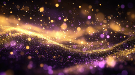 An ethereal dance of golden and purple lights weaving together in an intricate pattern against a black background.の素材