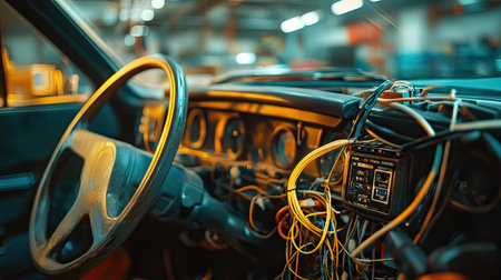 An automotive repair scene with wires insulated with electrical tape under a car dashboard.の素材