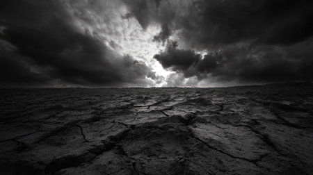 A dark and dramatic sky with thick storm clouds hanging low over a barren landscape.の素材