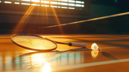 A badminton racket placed near a shuttlecock on the court, with bright court lines and light reflections on the floor.の素材
